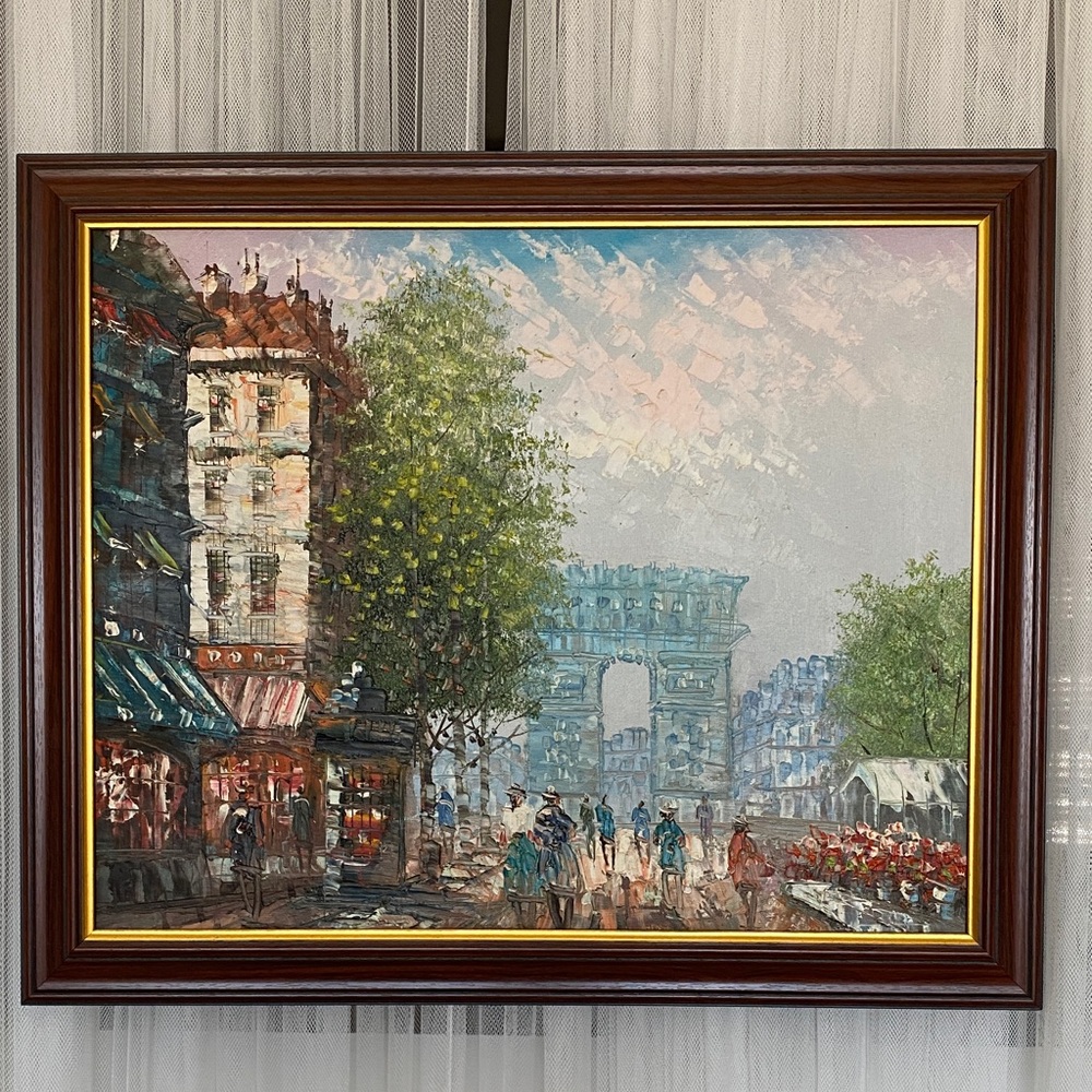 Paris Arc de Triomphe Charming Cityscape Oil Relief Painting with Brown Frame
